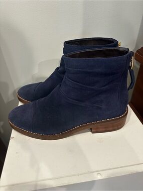 Cole Haan indigo Navy Suede Ankle Booties with zipper and tassle